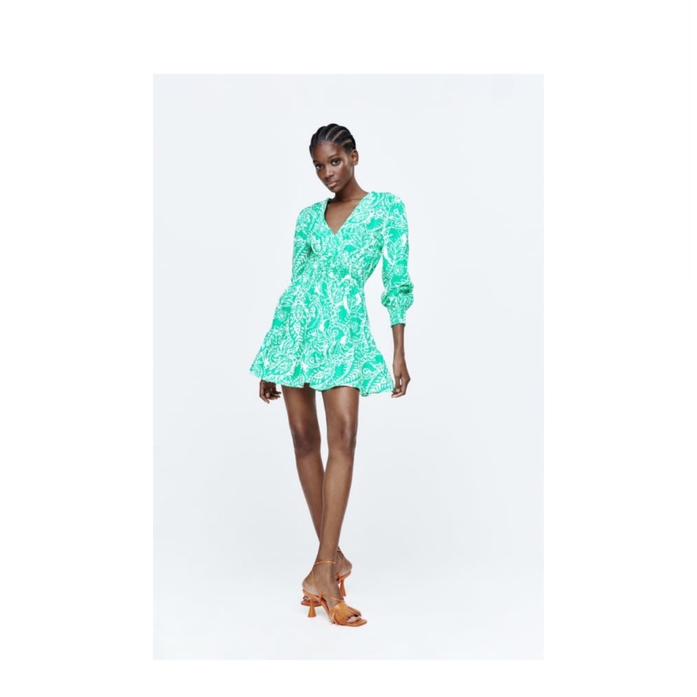 Linen blend green print dress NWT